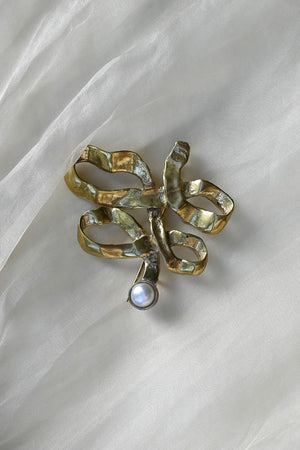 Brass Ribbon Pearl Brooch/Pendant