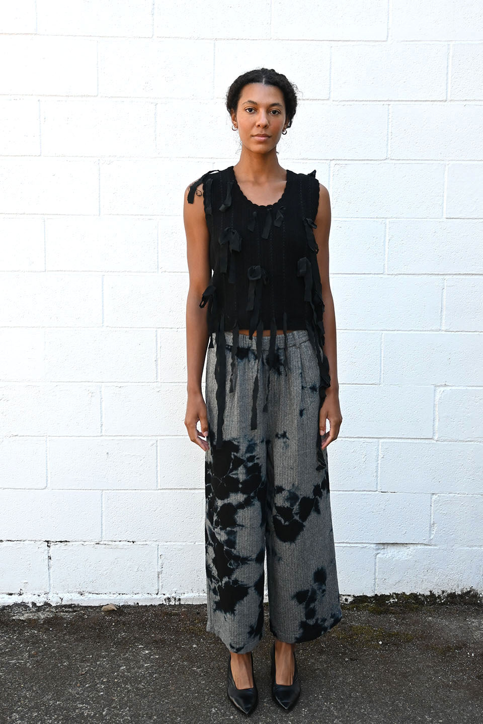Herringbone Drawstring Wide Pant in Black