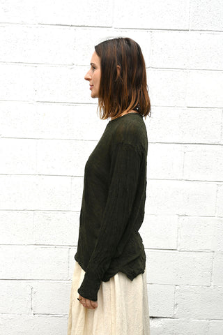 Wrinkled Wool Round Neck Shirt in Dark Green