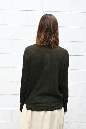 Wrinkled Wool Round Neck Shirt in Dark Green
