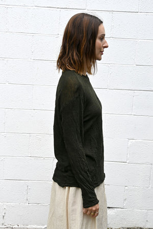 Wrinkled Wool Round Neck Shirt in Dark Green