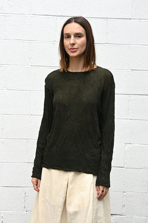 Wrinkled Wool Round Neck Shirt in Dark Green
