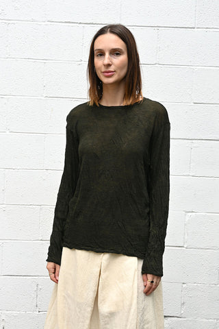 Wrinkled Wool Round Neck Shirt in Dark Green