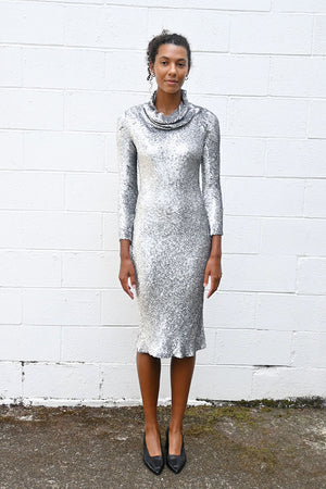Sequin Bias Cut Cowl Neck Dress