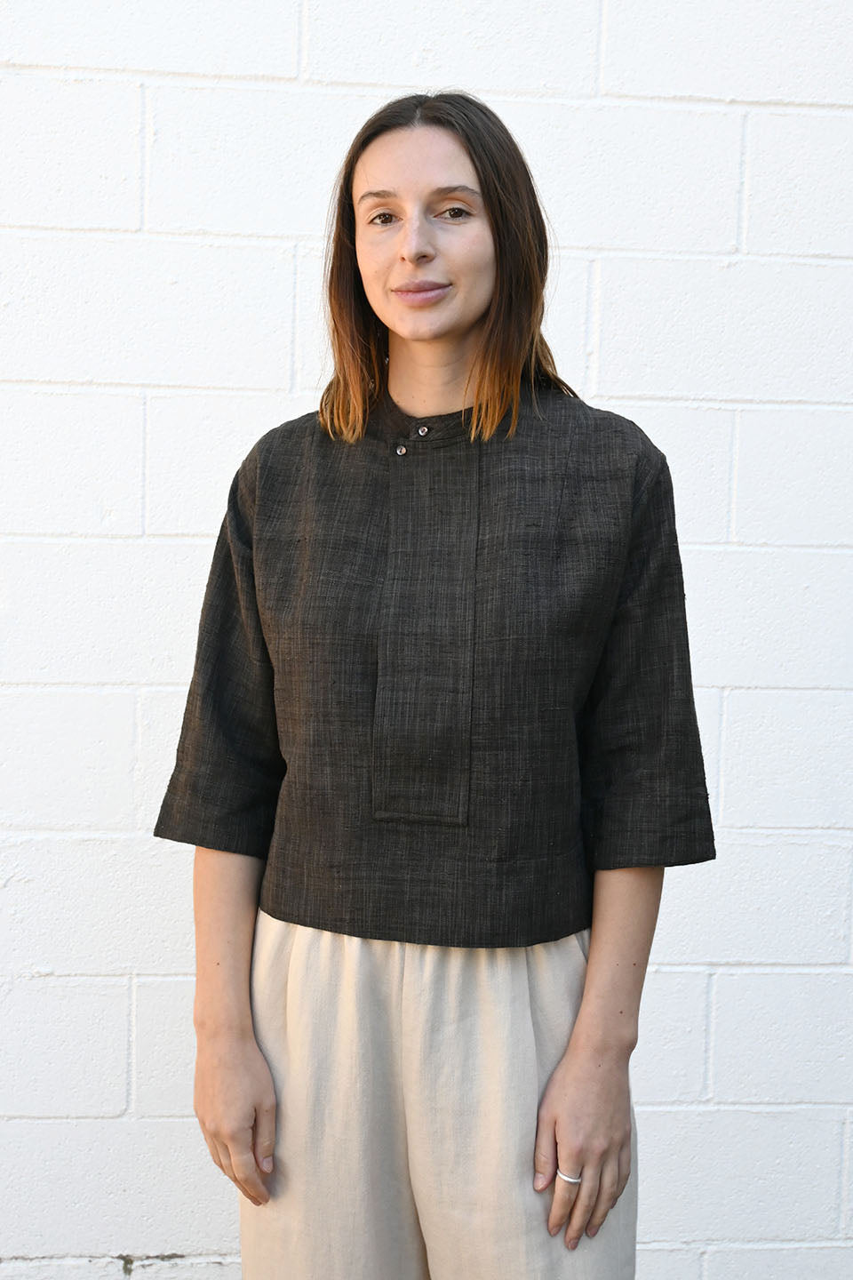Cropped Silk Blend Shirt in Brown
