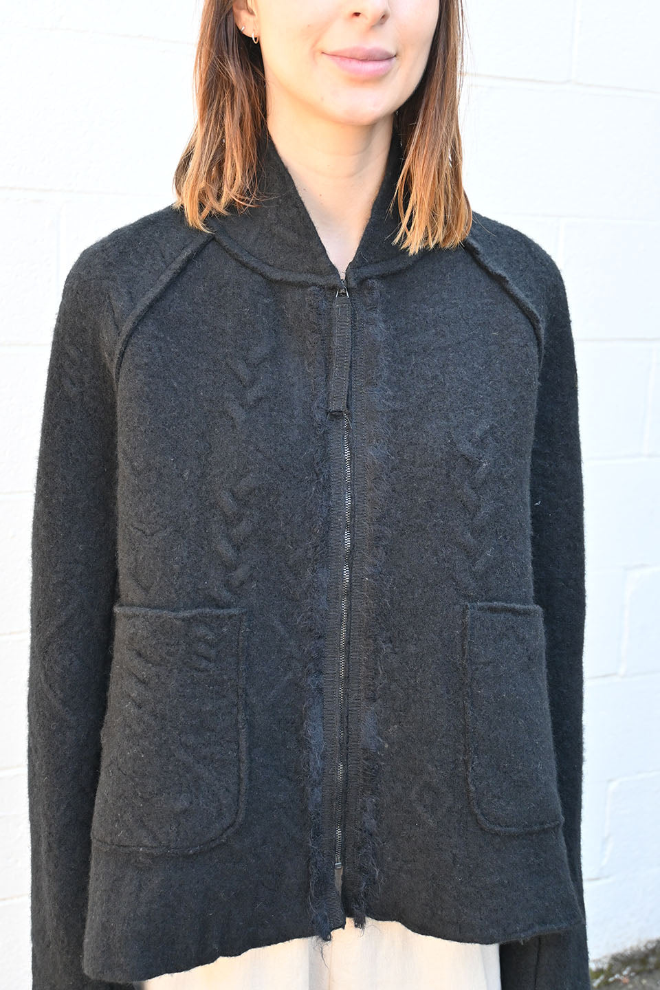 Zippered Felted Cardigan in Black