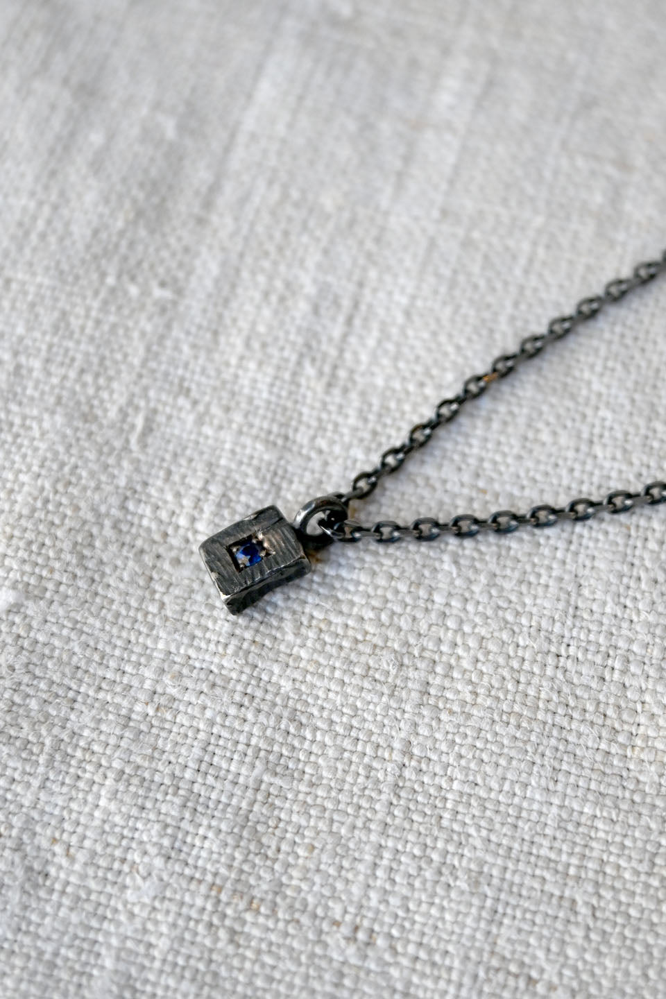 Rectangular Charm Necklace with Blue Sapphire Oxidized Silver