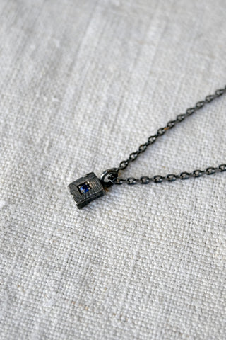 Rectangular Charm Necklace with Blue Sapphire Oxidized Silver