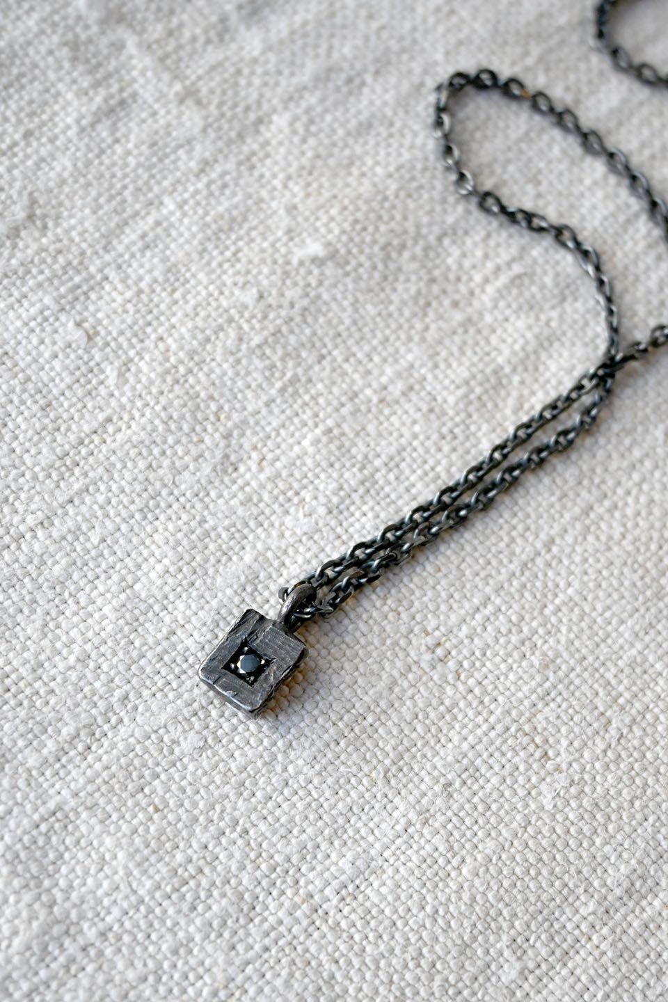 Rectangular Charm Necklace with Black Diamond Oxidized Silver