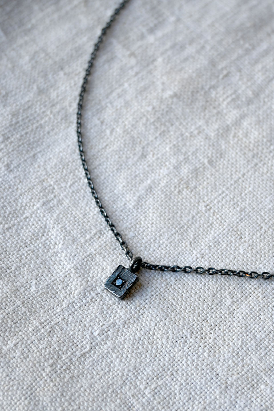 Rectangular Charm Necklace with Black Diamond Oxidized Silver