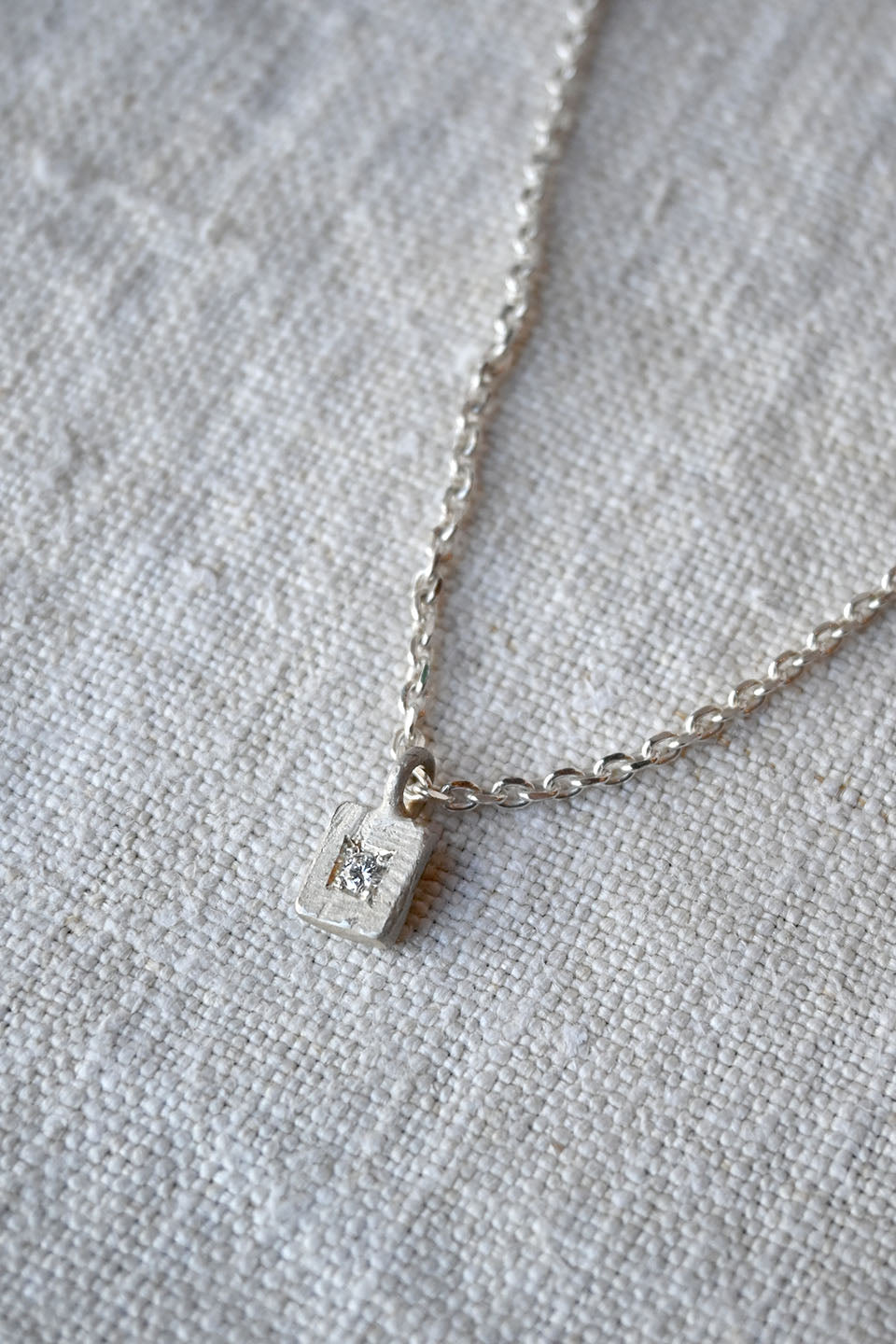 Rectangular Charm Necklace with White Diamond Acid Silver