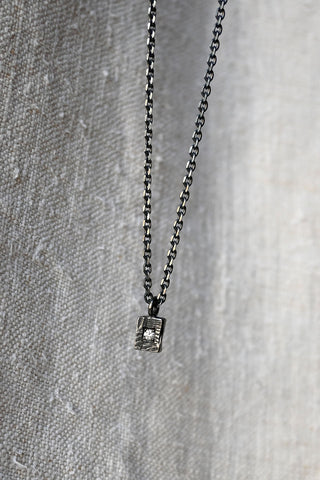 Rectangular Charm Necklace with White Diamond Oxidized Silver
