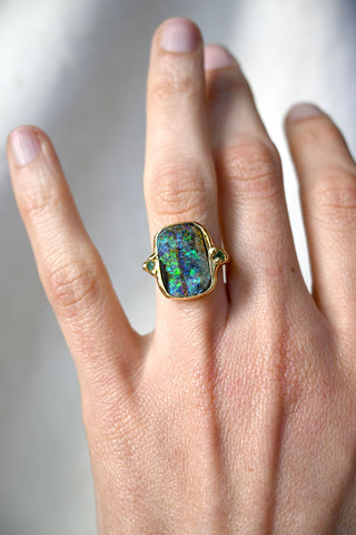 Galactic Boulder Opal and Emerald Ring