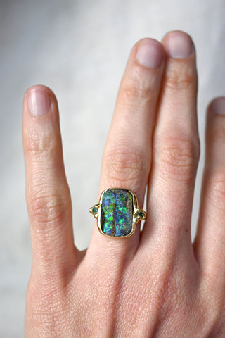 Galactic Boulder Opal and Emerald Ring