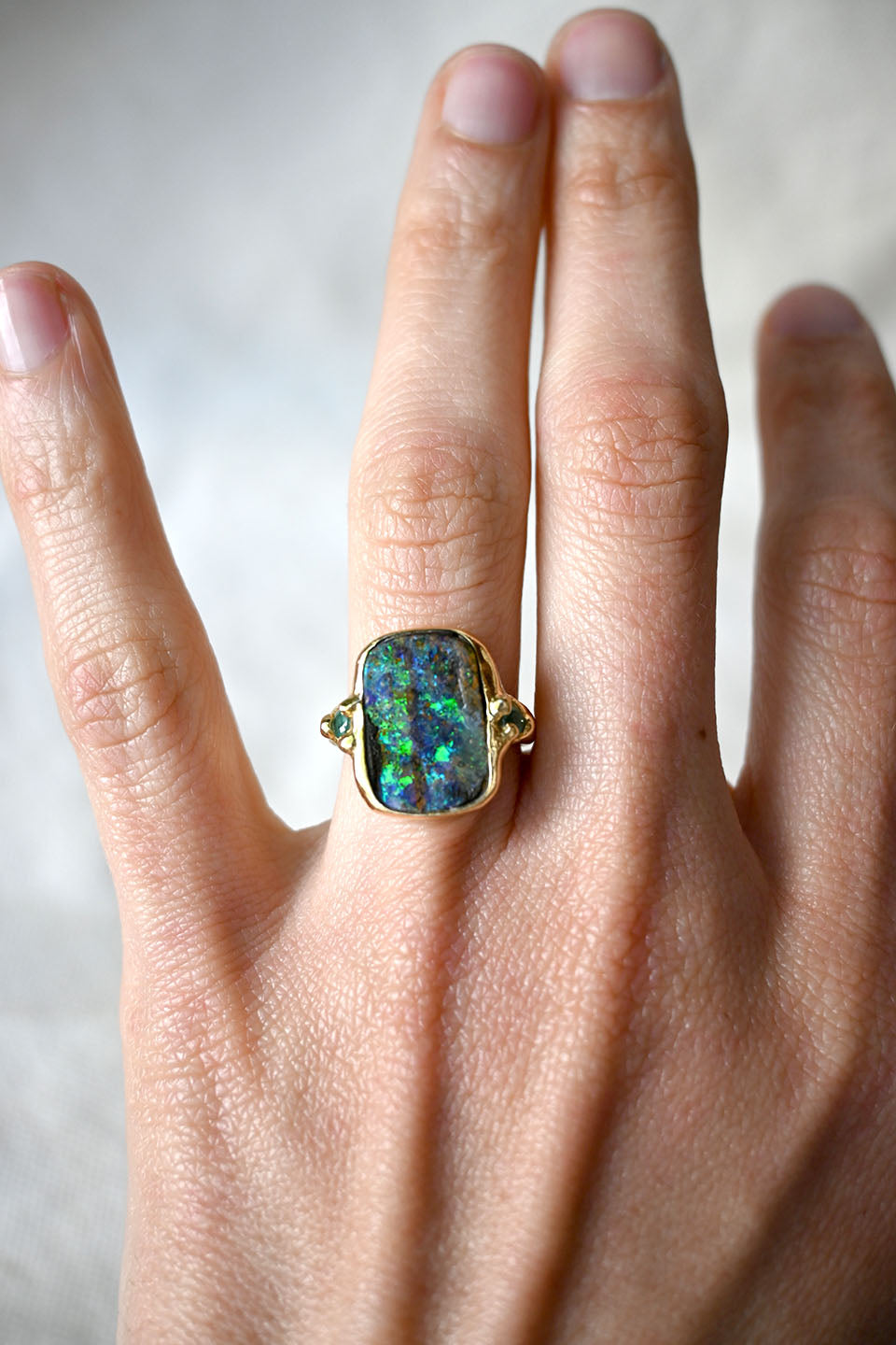 Galactic Boulder Opal and Emerald Ring