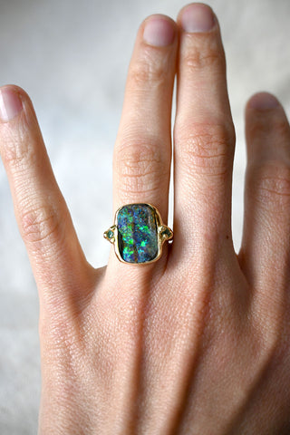 Galactic Boulder Opal and Emerald Ring