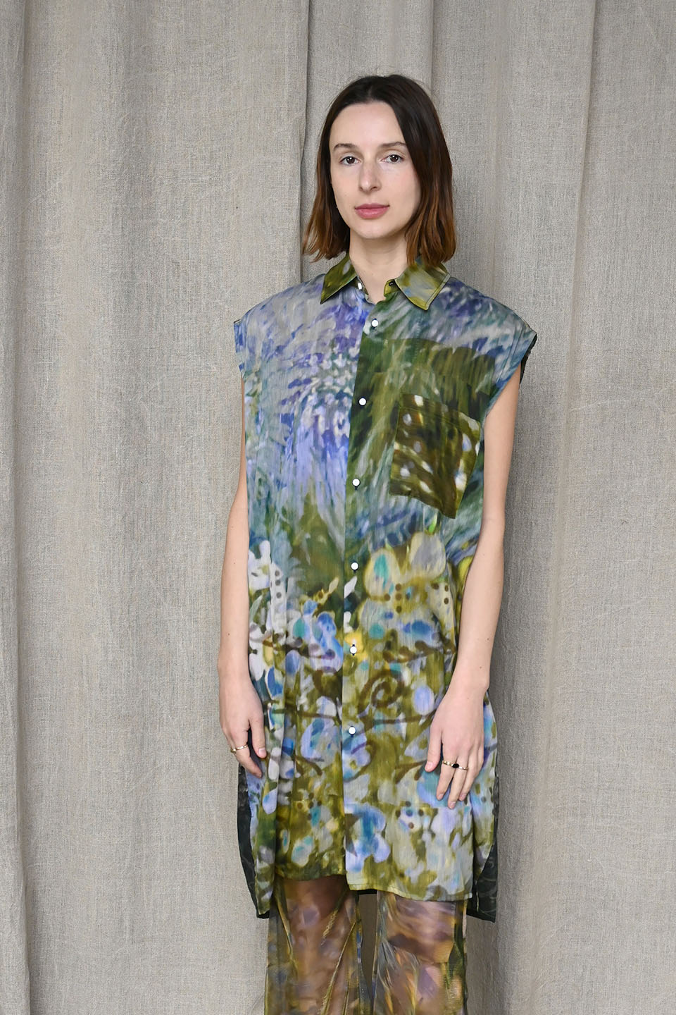Sleeveless Printed Shirt Dress