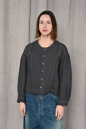 Washed Linen x Lace Stitch Blouse Charcoal
