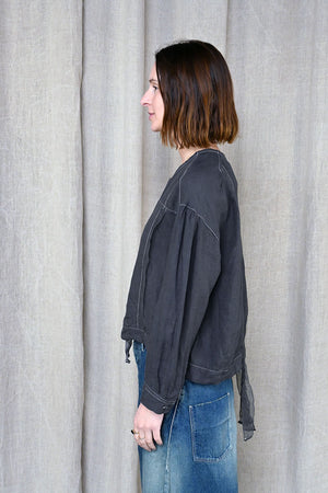 Washed Linen x Lace Stitch Blouse Charcoal