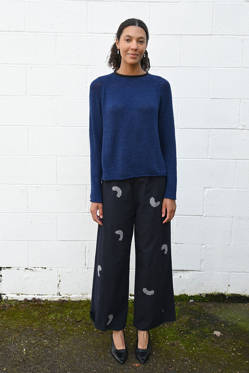 Cotton Check Wide Easy Pants Black