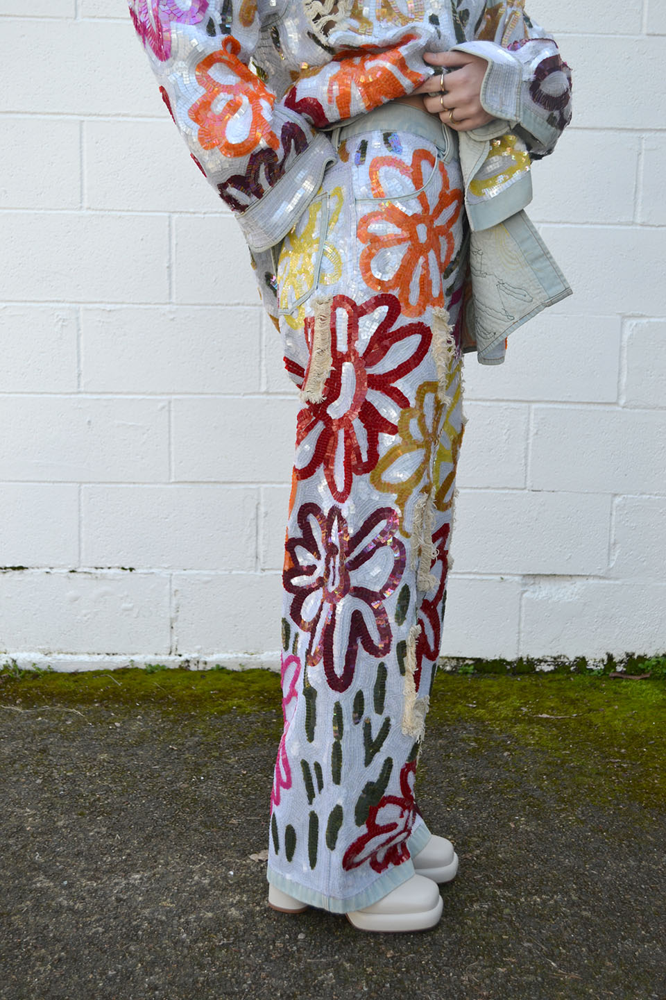 Women Embellished Handmade Sequin Floral Bohemian Denim Ice 